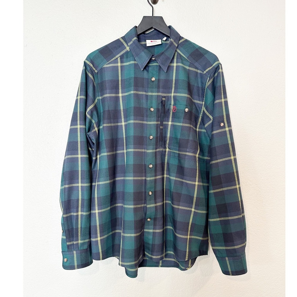 FjallRaven‎ Fjallglim Shirt Mens Large Green Navy Blue Plaid Button Up